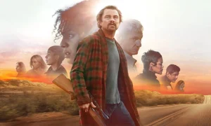 Ator Leonardo DiCaprio em poster do filme Uma Batalha Após a Outra