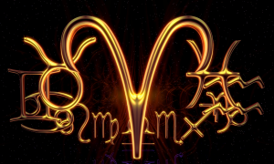 Símbolo dos signos do zodiaco em dourado com áries a frente.