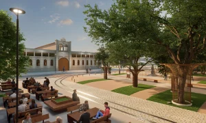 Arte de como ficará a Praça Leoni Ramos (Cantareira) em São Domingos, Niterói, mostrando o prédio histórico da Estação Cantareira ao fundo e a circulação de pedestres na área arborizada.