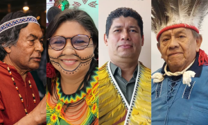 Foto lado a lado de Krenak, Martinha Guajajara, Karkaju Pataxo, e Marcos Terena