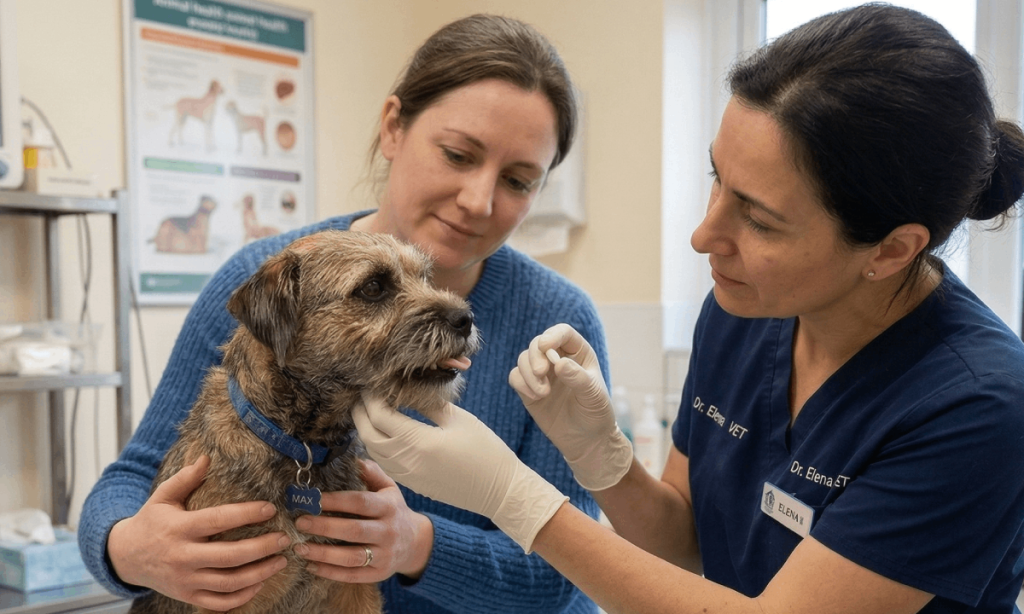 Tutora segura o cachorro para veterinária ministrar medicação via oral.