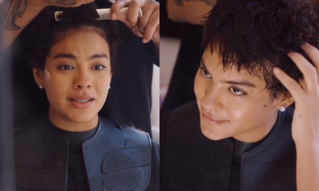 Bella Campos chora ao fazer novo corte de cabelo