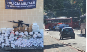 PM apreende fuzil em comunidade de Niterói e criminosos atravessam ônibus em pista