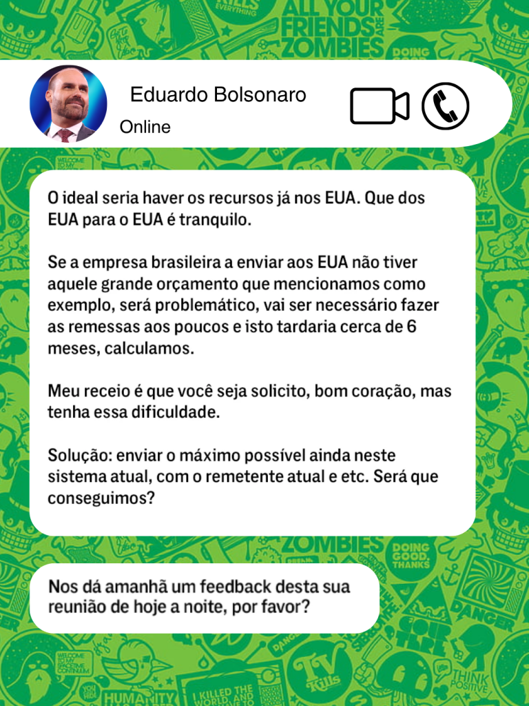 Conversa de Eduardo Bolsonaro, enviada para Daniel Vorcaro.