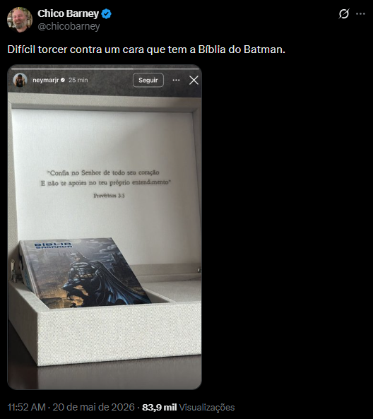 Neymar publica foto com Bíblia do Batman