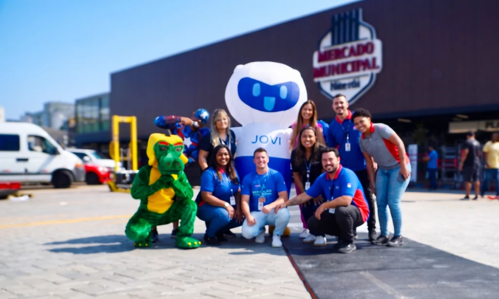 Equipe da loja itinerante das Casas Bahia reunida em frente ao Mercado Municipal de Niterói