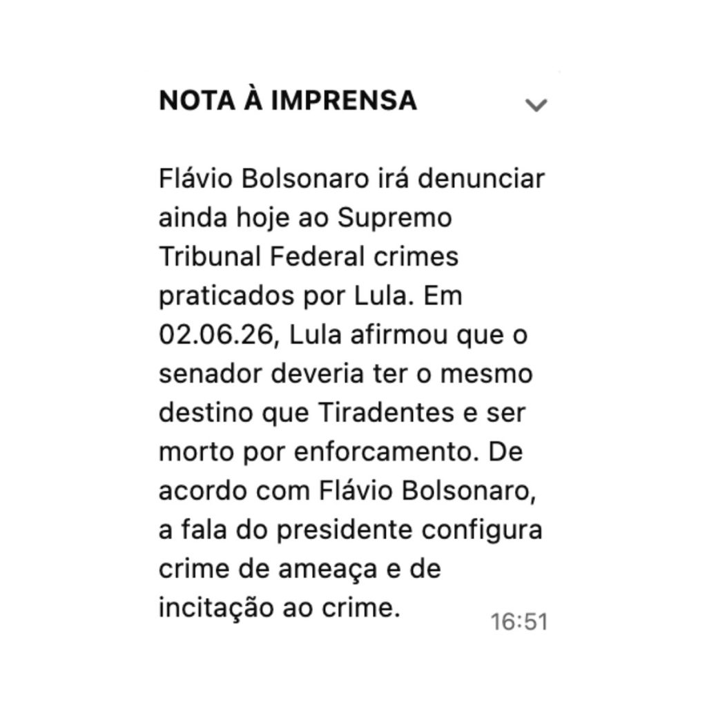 Nota à imprensa de Flávio Bolsonaro.