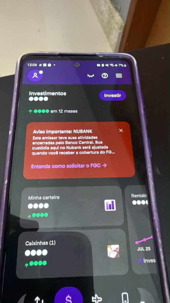 Aviso sobre liquidação no próprio APP da Nubank.