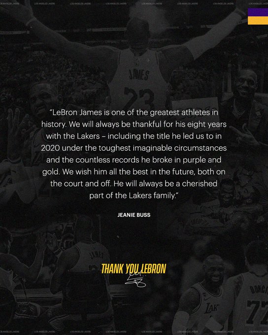 Nota do Lakers sobre a saída de LeBron James da equipe.