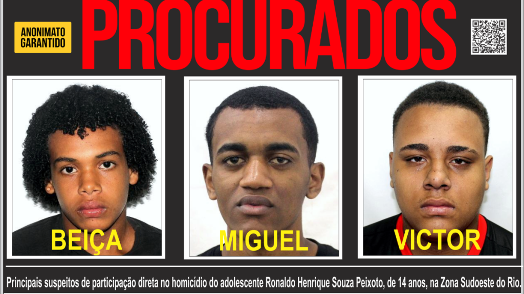 O Disque Denúncia divulgou nesta sexta-feira (19) um cartaz para ajudar a localizar suspeitos investigados por torturar, matar e esquartejar o adolescente Ronaldo Henrique Souza Peixoto, de 14 anos. A vítima desapareceu após entrar na Comunidade César Maia, em Vargem Pequena, na Zona Sudoeste do Rio, e teve o corpo encontrado dois dias depois em Pedra de Guaratiba. A ação atende a um pedido da Delegacia de Homicídios da Capital (DHC), responsável pelas investigações.