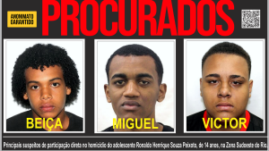 O Disque Denúncia divulgou nesta sexta-feira (19) um cartaz para ajudar a localizar suspeitos investigados por torturar, matar e esquartejar o adolescente Ronaldo Henrique Souza Peixoto, de 14 anos. A vítima desapareceu após entrar na Comunidade César Maia, em Vargem Pequena, na Zona Sudoeste do Rio, e teve o corpo encontrado dois dias depois em Pedra de Guaratiba. A ação atende a um pedido da Delegacia de Homicídios da Capital (DHC), responsável pelas investigações.