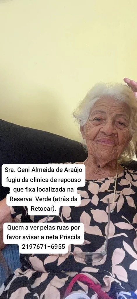 Idosa desapareceu após fugir de casa de repouso em Maricá.