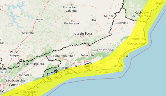 Área do estado que deve ser atingida pelos ventos costeiros.