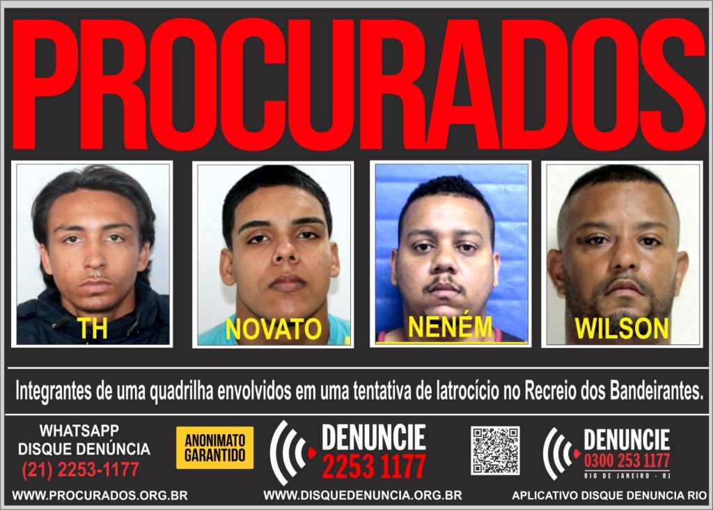 Disque Denúncia divulgou cartaz com imagens dos investigados por ataque a tiros durante roubo de cordão de ouro em supermercado na Zona Oeste do Rio.