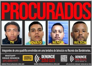 Disque Denúncia divulgou cartaz com imagens dos investigados por ataque a tiros durante roubo de cordão de ouro em supermercado na Zona Oeste do Rio.