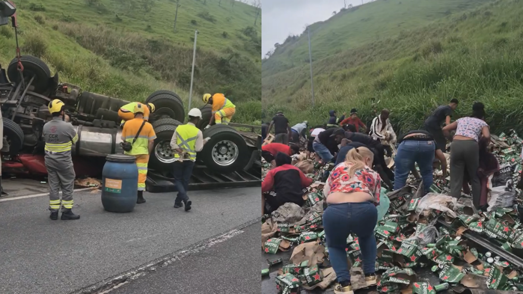 Caminhão de cerveja tomba na Dutra, motorista fica em estado grave e carga é saqueada